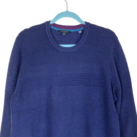 Ted Baker Sz 4 / Large Rossi Textured Knitted Crewneck Sweater Heathered Navy - Picture 2 of 16
